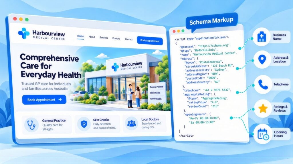 Harbourview Medical Centre homepage beside MedicalClinic schema markup, with labels for business name, address, telephone, ratings and hours