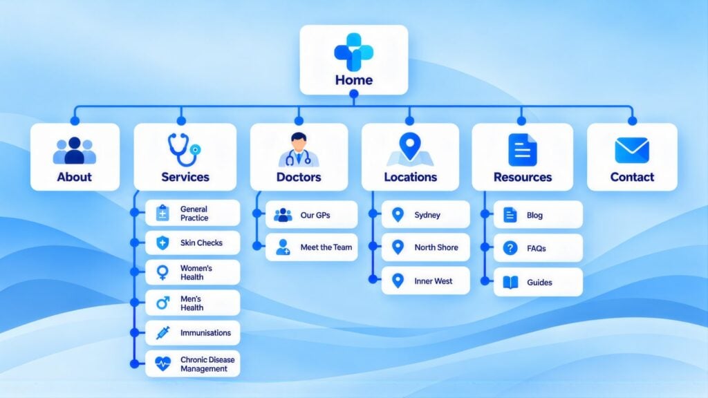Site map tree from Home to About, Services, Doctors, Locations, Resources and Contact, with pages like Skin Checks, Immunisations and North Shore