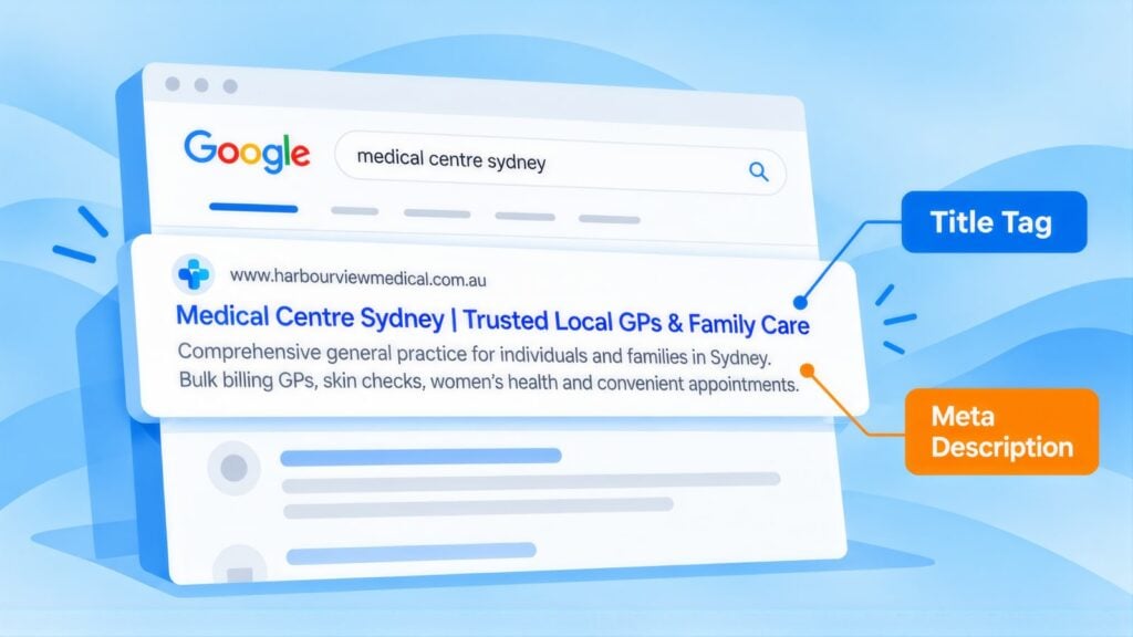 Google result for 'medical centre sydney' with the headline about trusted local GPs labelled Title Tag and the snippet labelled Meta Description