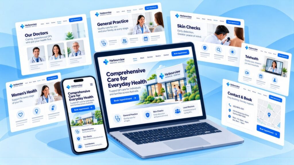 Laptop, phone and floating Harbourview pages for Our Doctors, General Practice, Skin Checks, Telehealth, Women's Health and Contact & Book