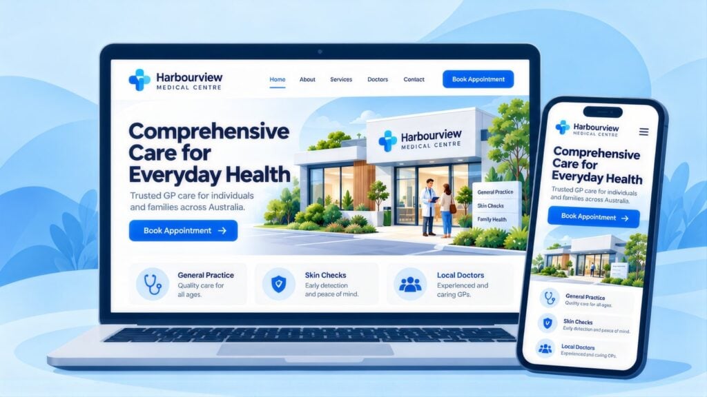 Harbourview Medical Centre website on a laptop and phone with the headline 'Comprehensive Care for Everyday Health' and a Book Appointment button