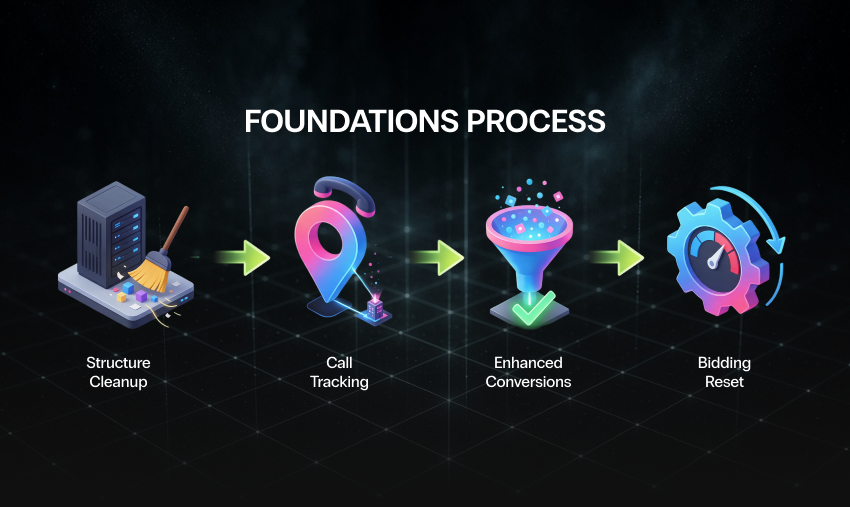Four-step foundations process: structure cleanup, call tracking, enhanced conversions and bidding reset.
