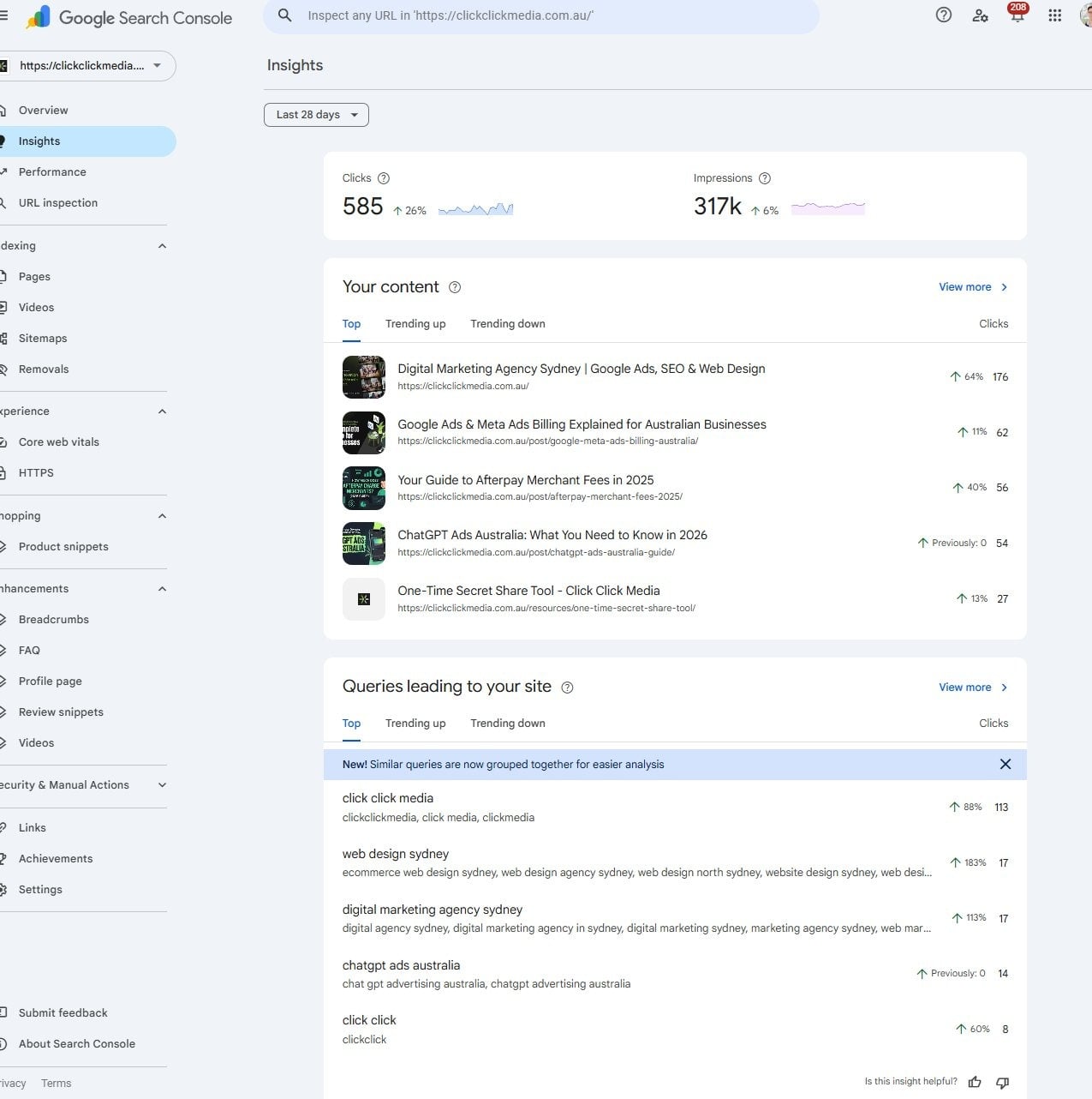 gsc insights report trending content