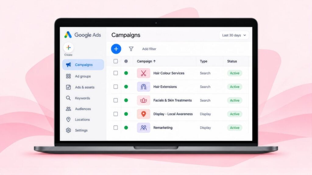 Laptop showing a Google Ads campaigns list for Hair Colour Services, Hair Extensions, Facials & Skin Treatments, Local Awareness and Remarketing