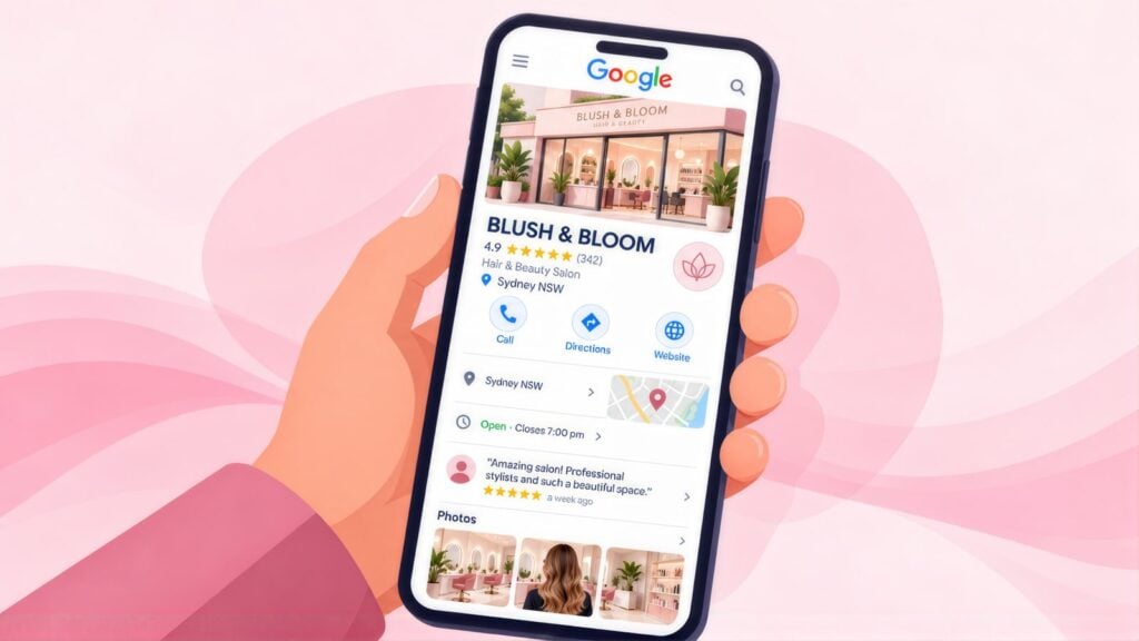 Hand holding a phone with the Google Business Profile for Blush & Bloom, a Sydney hair and beauty salon rated 4.9 stars, with a review and salon photos