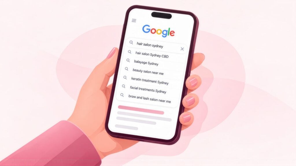 Hand holding a phone with Google suggestions for hair salon sydney, including balayage Sydney, keratin treatment Sydney and brow and lash salon near me