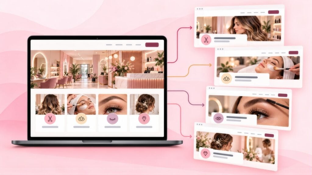 Salon homepage on a laptop with arrows to four landing pages for hair styling, facials, lash and brow work and bridal updos, each with a matching photo