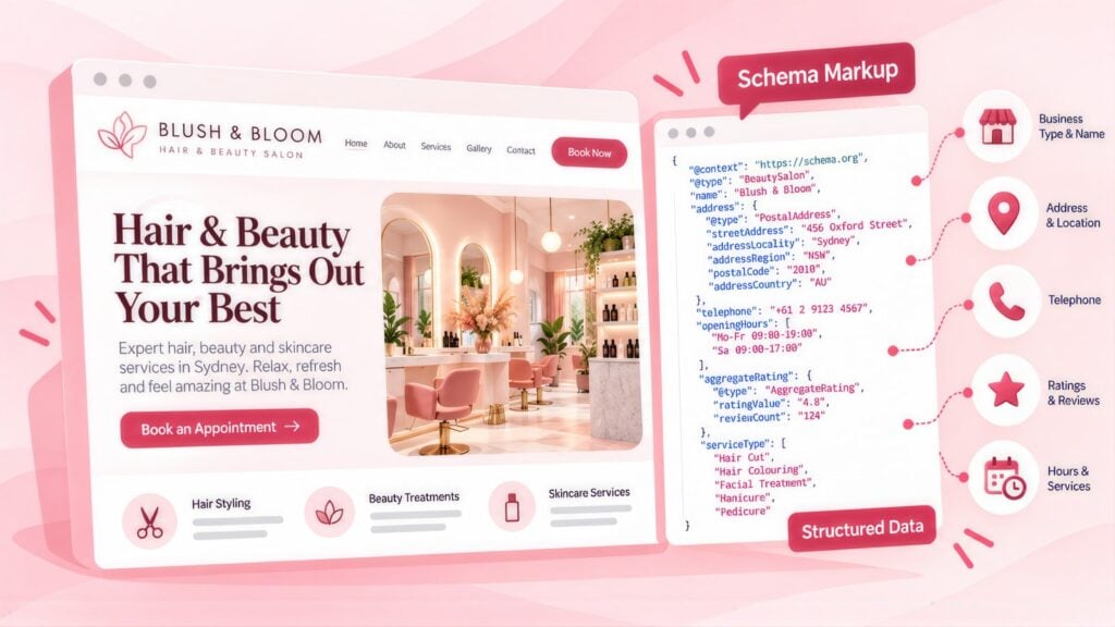 Blush & Bloom salon web page beside its BeautySalon schema code listing services like hair cut and manicure, with callouts for address, phone, ratings and hours