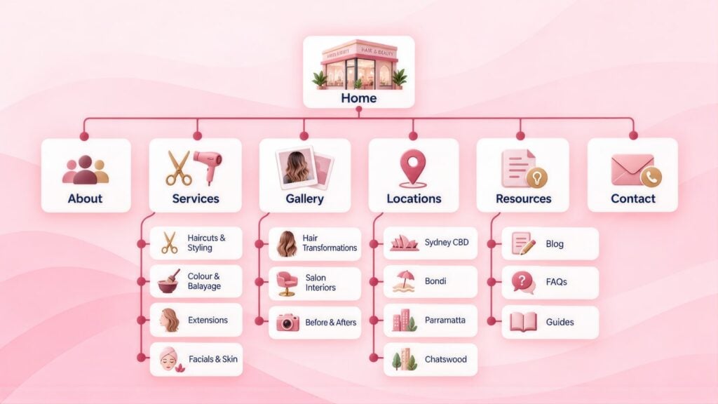 Site map with Home branching to About, Services, Gallery, Locations, Resources and Contact, with sub-pages like Colour & Balayage, Extensions and Bondi
