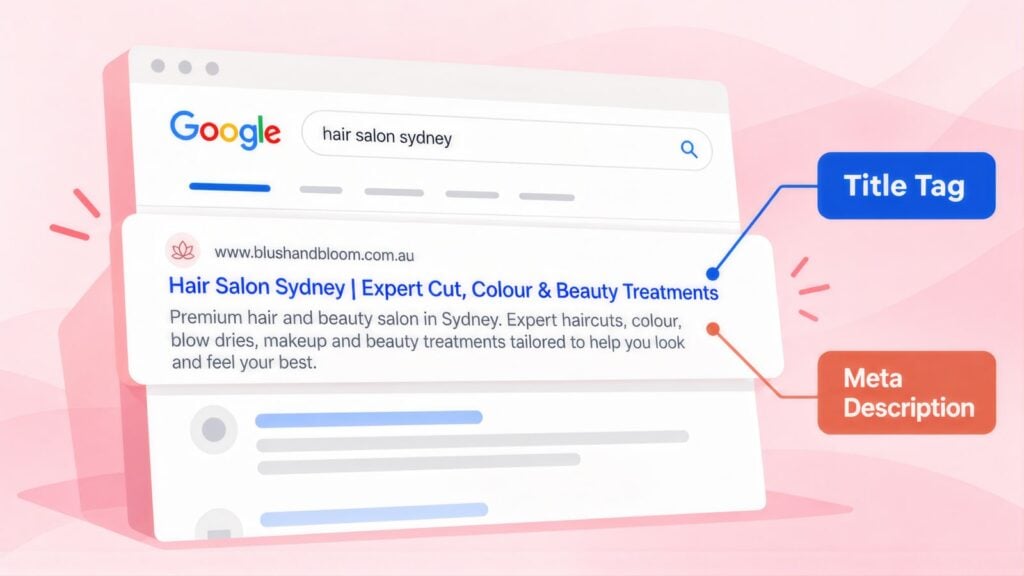 Google result for 'hair salon sydney' with the Blush & Bloom headline labelled Title Tag and the description of cuts and colour labelled Meta Description