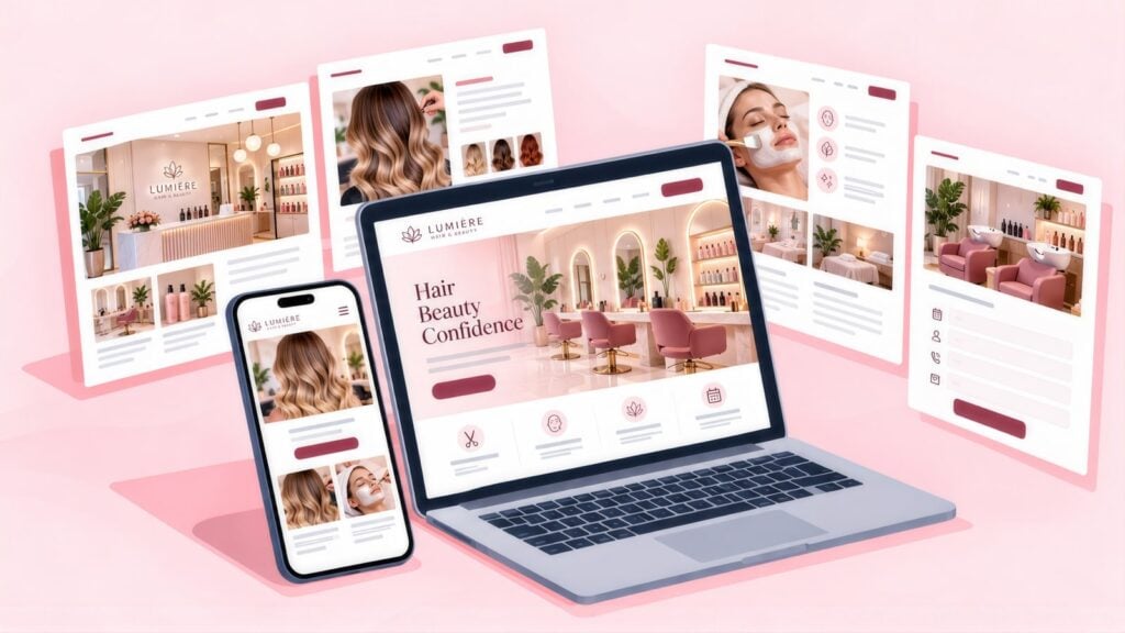 Lumiere Hair & Beauty pages on a laptop, phone and floating screens, showing a pink salon interior, balayage waves, a facial treatment and a booking form
