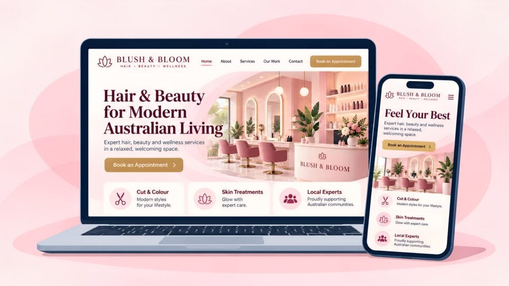 Laptop and phone showing the Blush & Bloom salon website with the headline 'Hair & Beauty for Modern Australian Living', pink salon chairs and booking button