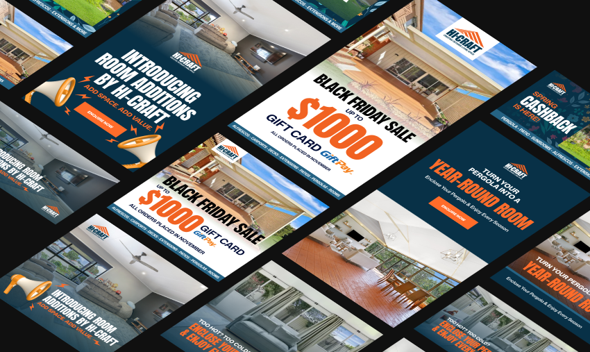 Hi-Craft Meta ad creatives for room additions, the Black Friday gift card offer and year-round room promotions.