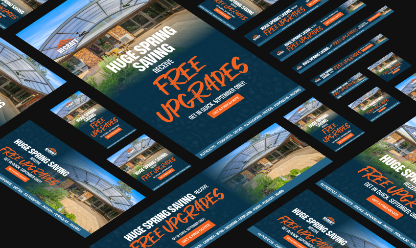 Hi-Craft Huge Spring Saving free upgrades ad creative laid out in multiple banner sizes.