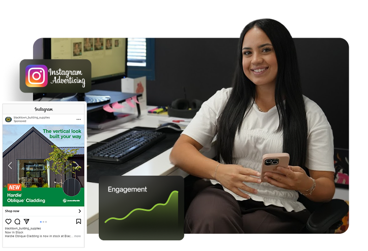 Anastasia smiling at the camera while holding her phone at her desk, with an Instagram Advertising badge, a sponsored building supplies carousel ad, and an engagement trend line overlaid.