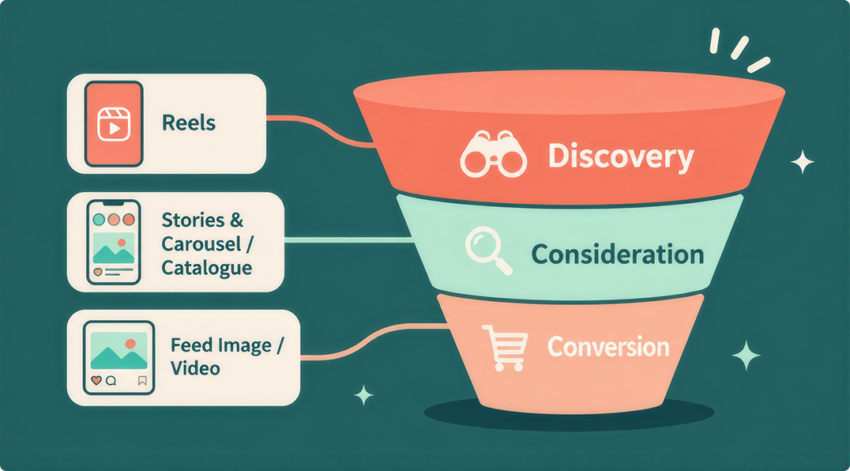 Marketing funnel matching Instagram ad formats to buying stages: Reels for discovery, Stories and carousel/catalogue for consideration, and feed image or video for conversion.