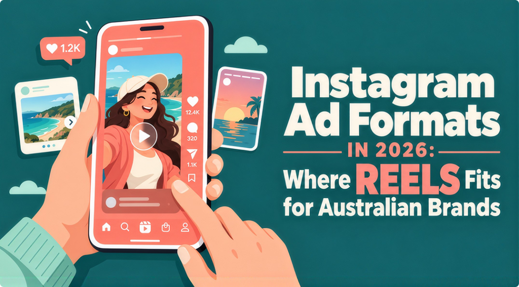 Hand holding a phone playing a vertical Reels-style video, with feed and Stories posts beside it and the title “Instagram Ad Formats in 2026: Where Reels Fits for Australian Brands”.