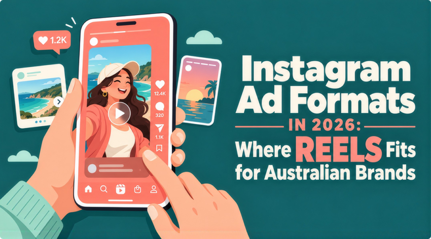 Hand holding a phone playing a vertical Reels-style video, with feed and Stories posts beside it and the title “Instagram Ad Formats in 2026: Where Reels Fits for Australian Brands”.