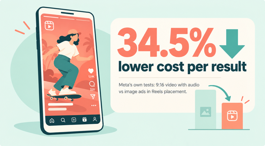 Stat graphic showing 34.5% lower cost per result for 9:16 video ads with audio compared with image ads in the Reels placement, based on Meta’s own tests.