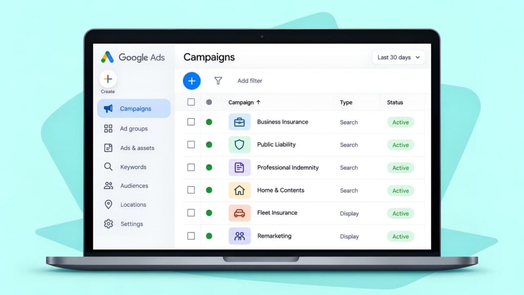 Laptop showing Google Ads campaigns for Business Insurance, Public Liability, Professional Indemnity, Home & Contents, Fleet Insurance and Remarketing