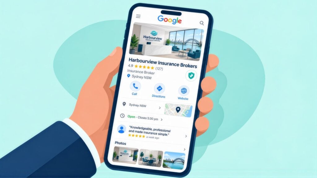 Hand holding a phone showing the Harbourview Insurance Brokers Google Business Profile, rated 4.9 from 127 reviews, with Call, Directions and Website