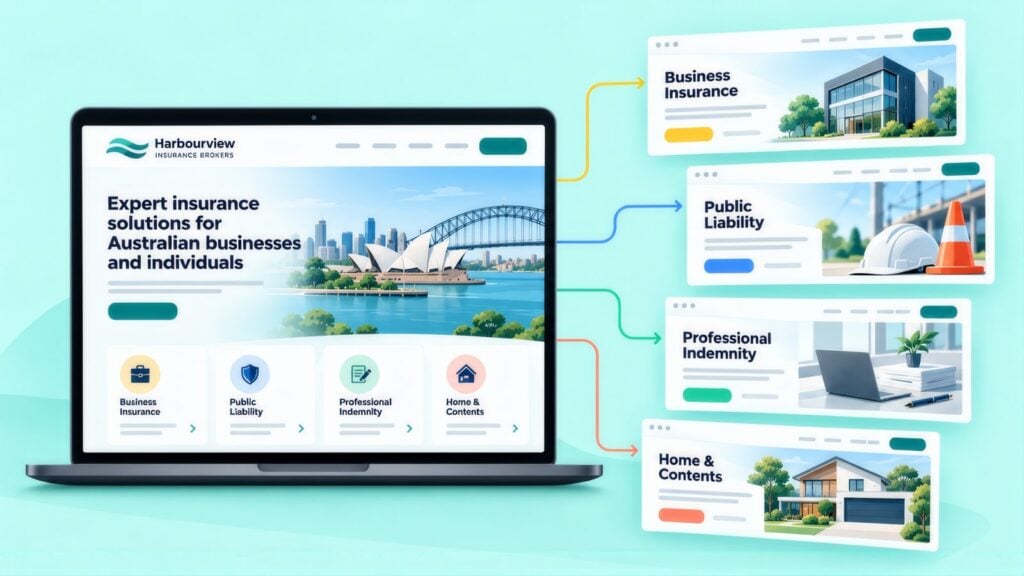 Insurance broker homepage on a laptop with arrows to landing pages for Business Insurance, Public Liability, Professional Indemnity and Home & Contents