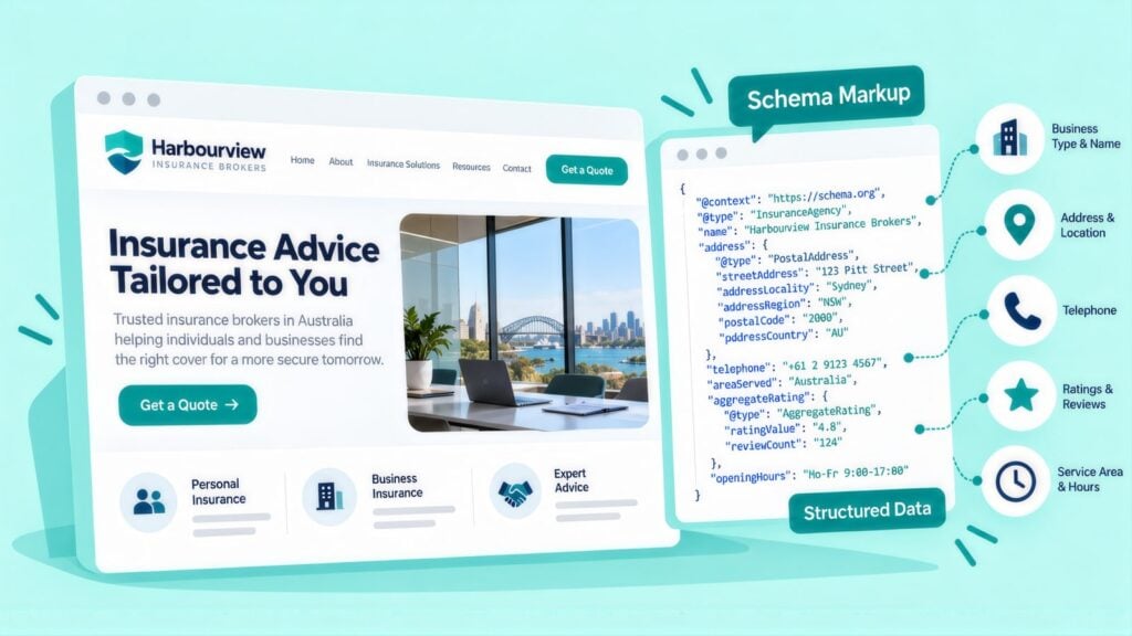 Harbourview Insurance Brokers homepage beside InsuranceAgency schema code, with callouts for business name, address, telephone, ratings and hours