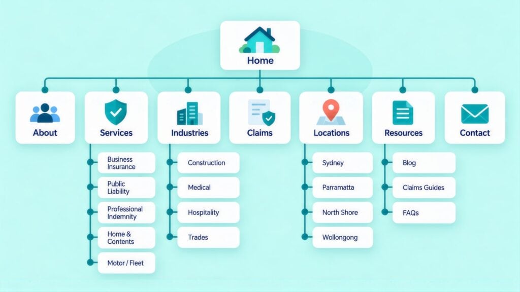 Site map from Home to About, Services, Industries, Claims, Locations, Resources and Contact, with pages like Public Liability, Construction and Wollongong