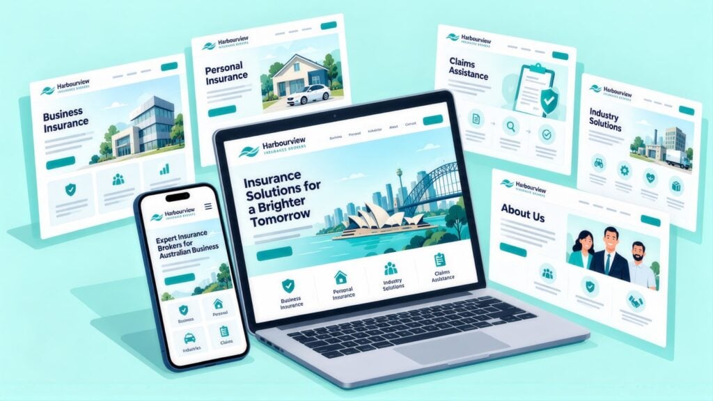 Insurance broker site on a laptop and phone with pages for Business Insurance, Personal Insurance, Claims Assistance, Industry Solutions and About Us