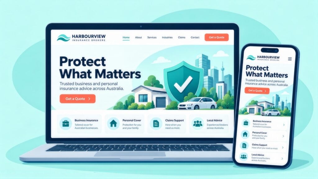 Harbourview Insurance Brokers homepage on a laptop and phone, headlined Protect What Matters with a shield, house, car and Get a Quote button