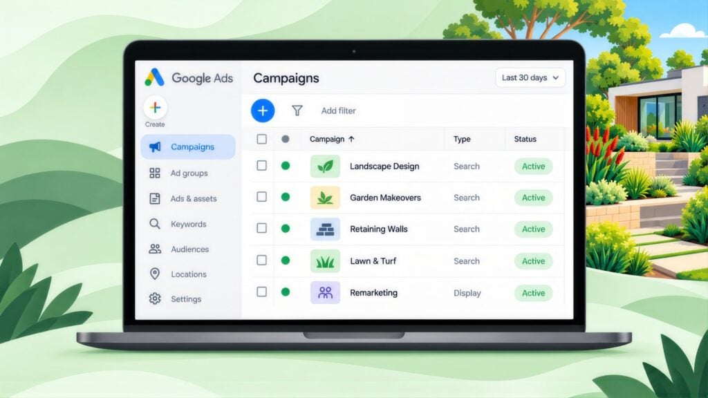 Laptop showing Google Ads campaigns for Landscape Design, Garden Makeovers, Retaining Walls and Lawn & Turf, plus a Remarketing display campaign, all Active
