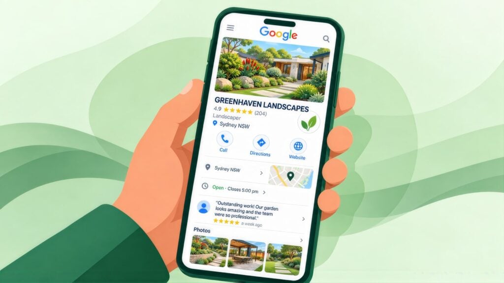 Hand holding a phone with the Greenhaven Landscapes Google Business Profile, rated 4.9 from 204 reviews, with Call, Directions and Website buttons and a map