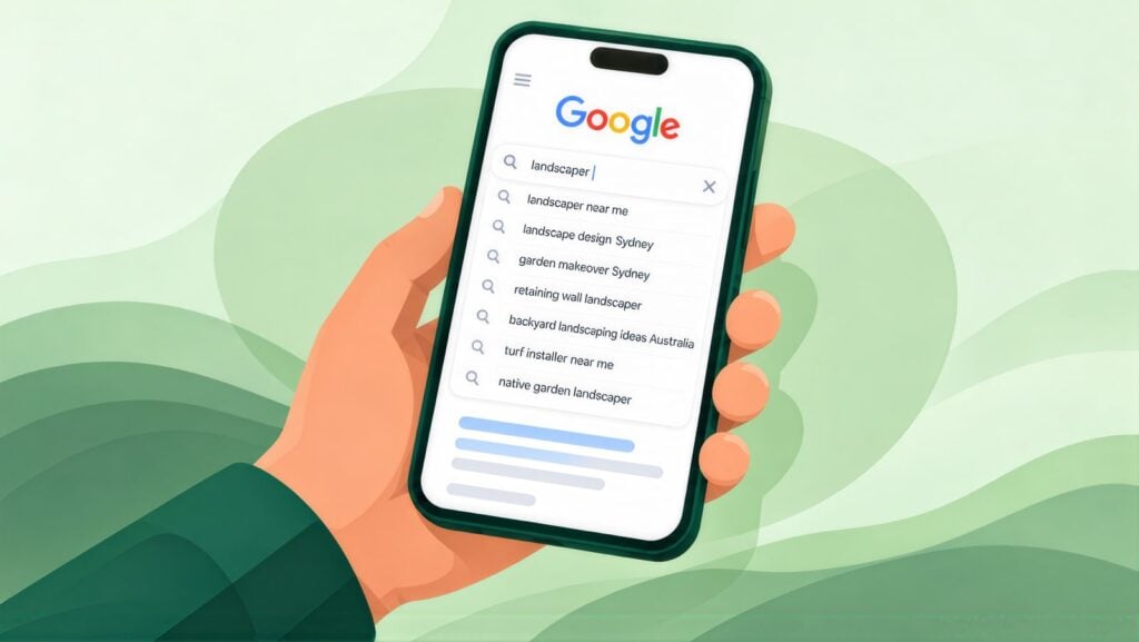 Hand holding a phone with Google suggestions for landscaper, including landscape design Sydney, retaining wall landscaper and native garden landscaper