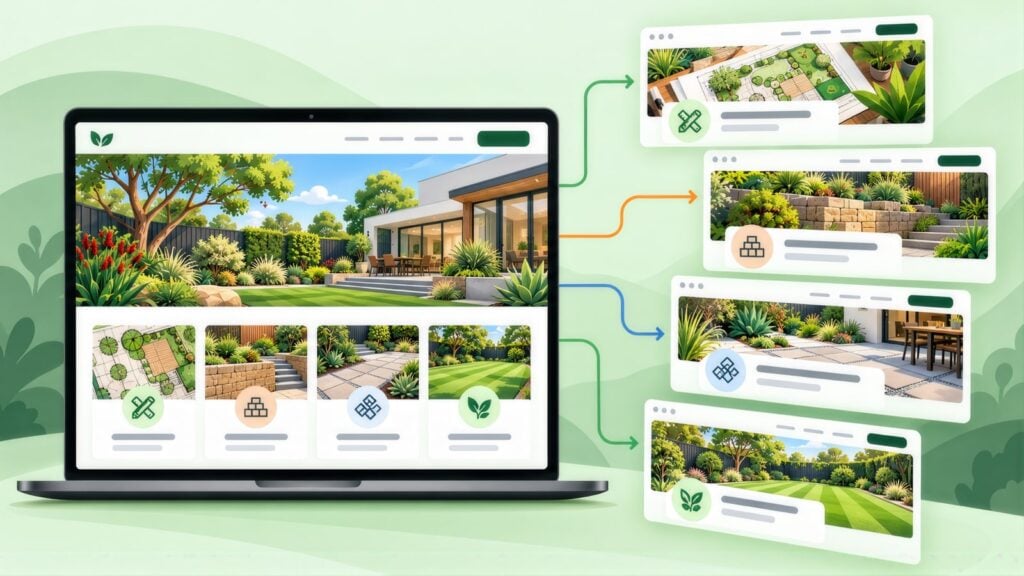Landscaping homepage on a laptop with arrows to four landing pages showing a garden design plan, sandstone retaining walls, paving and a striped lawn