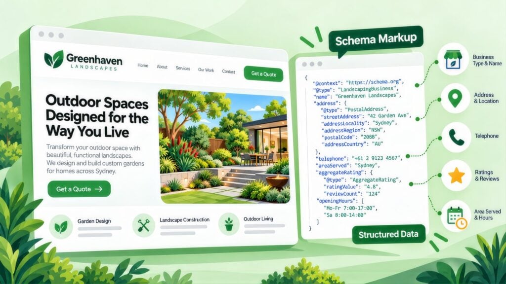 Greenhaven Landscapes web page beside a Schema Markup panel of LandscapingBusiness data, linked to business name, address, telephone, ratings and hours