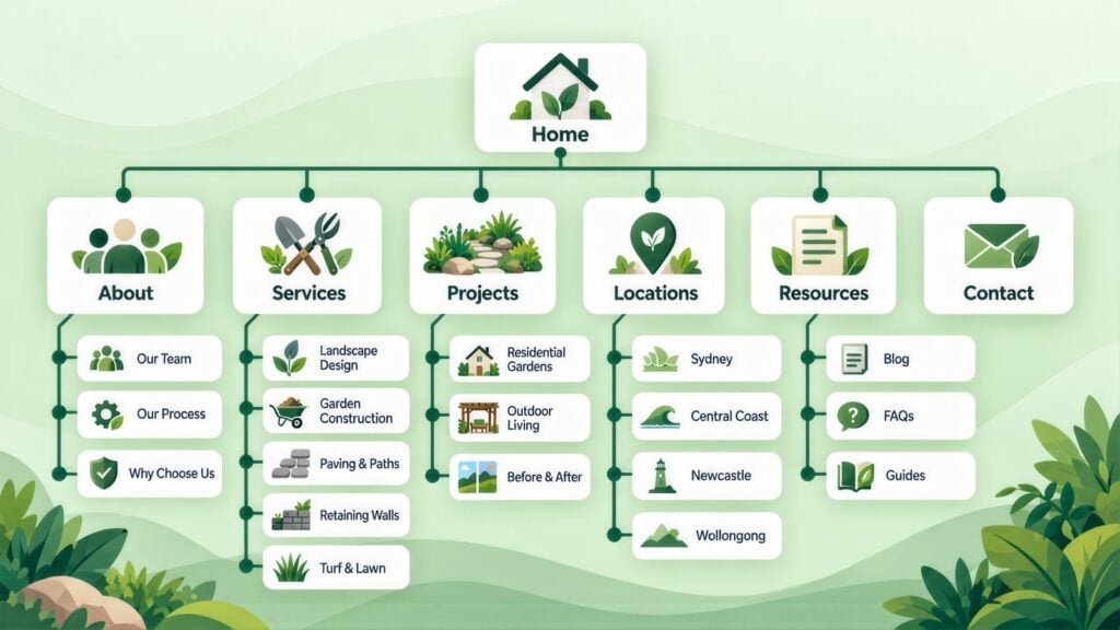 Site map with Home branching to About, Services, Projects, Locations, Resources and Contact, with pages like Retaining Walls, Before & After and Central Coast