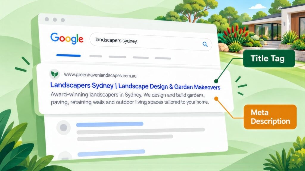 Google result for 'landscapers sydney' from Greenhaven Landscapes, with the blue headline labelled Title Tag and the snippet labelled Meta Description