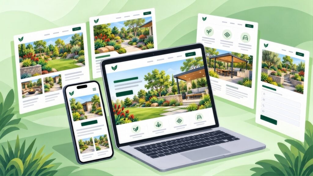 Landscaping site on a laptop and phone surrounded by page layouts showing lawns, native gardens, a fire pit, a pergola with outdoor dining and a contact form