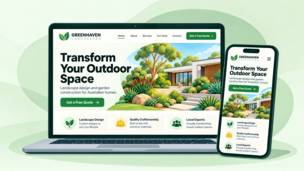 Laptop and phone showing the Greenhaven Landscapes site with the headline Transform Your Outdoor Space above a native garden with sandstone steps