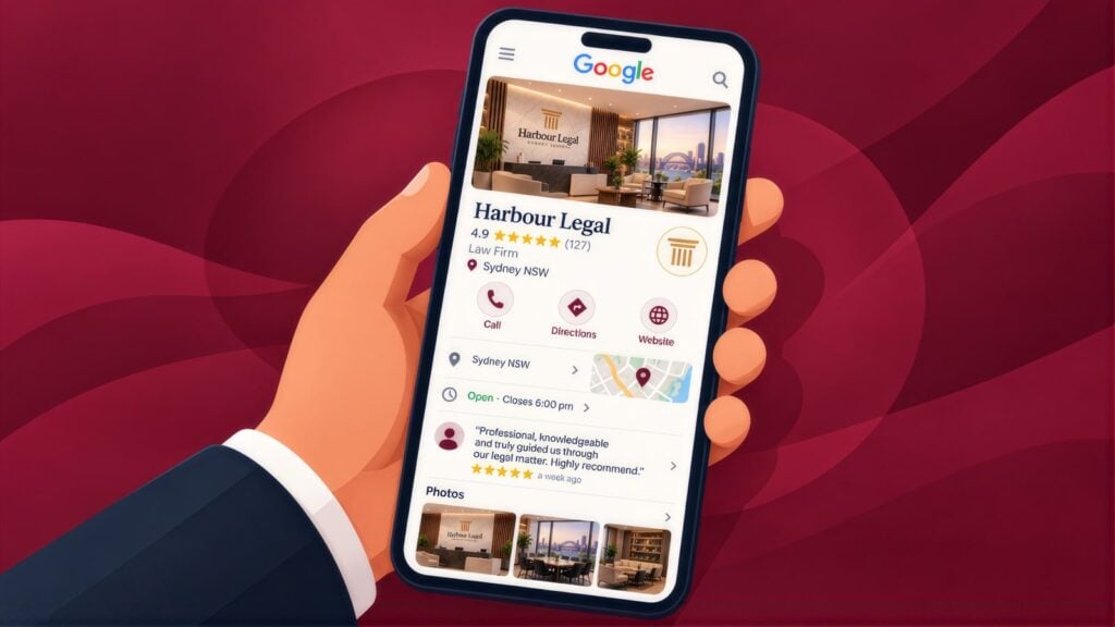 Hand holding a phone showing the Harbour Legal Google Business Profile, a Sydney law firm rated 4.9 from 127 reviews, with Call, Directions and Website