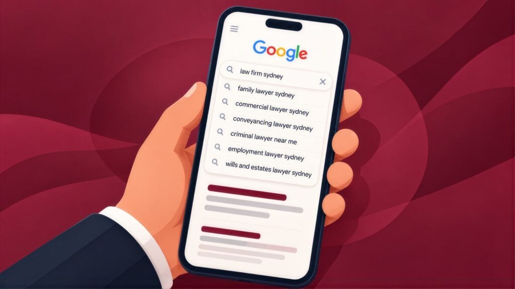 Hand holding a phone with Google suggestions for law firm sydney, including family lawyer sydney, conveyancing lawyer sydney and criminal lawyer near me