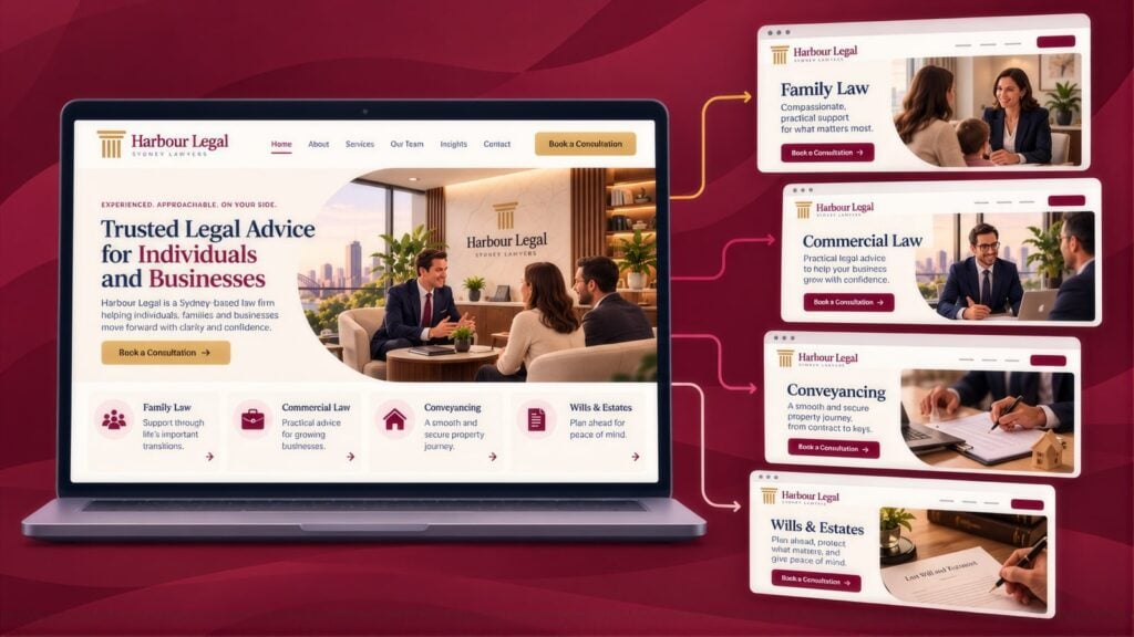 Harbour Legal homepage on a laptop with arrows to landing pages for Family Law, Commercial Law, Conveyancing and Wills & Estates, each with a consultation button
