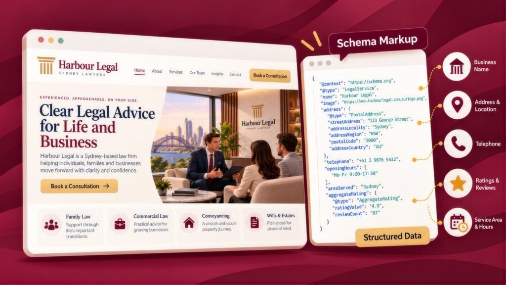 Harbour Legal homepage headlined Clear Legal Advice for Life and Business beside LegalService schema code, with callouts for address, telephone and ratings