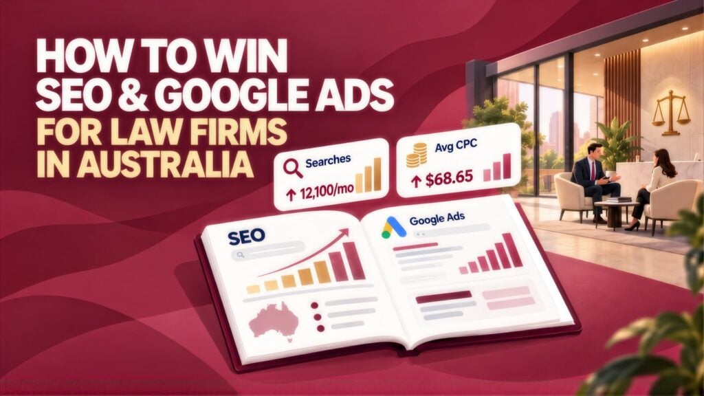 Headline 'How to Win SEO & Google Ads for Law Firms in Australia' beside an open guide, 12,100/mo searches and $68.65 avg CPC cards, and a lawyer meeting a client in a foyer