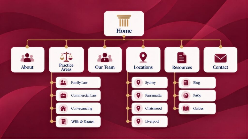 Site map from Home to About, Practice Areas, Our Team, Locations, Resources and Contact, with pages like Family Law, Conveyancing, Chatswood and Guides
