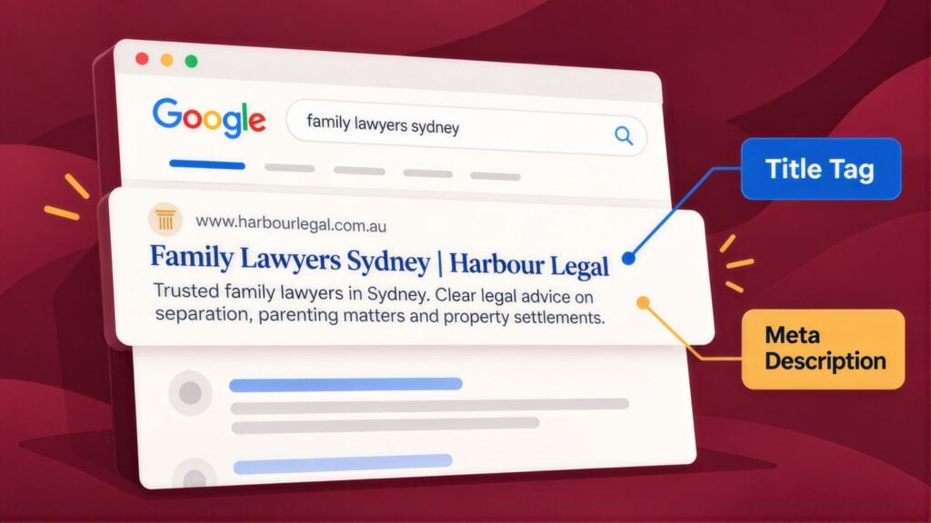 Google result for 'family lawyers sydney' with the headline Family Lawyers Sydney | Harbour Legal labelled Title Tag and the snippet labelled Meta Description