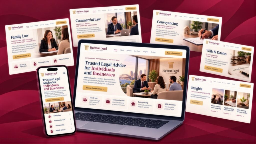 Harbour Legal site on a laptop and phone surrounded by pages for Family Law, Commercial Law, Conveyancing, Wills & Estates and Insights