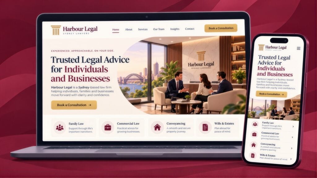 Harbour Legal homepage on a laptop and phone, headlined Trusted Legal Advice for Individuals and Businesses with a Book a Consultation button