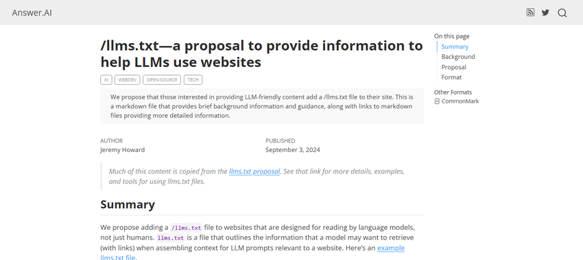 answer.ai post by jeremy howard, published september 3 2024: '/llms.txt - a proposal to provide information to help llms use websites.'
