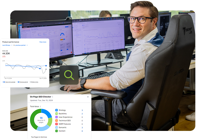 Local SEO specialist smiling at the camera from a dual-monitor workstation, with overlaid screenshots showing a product performance chart at 44,300 clicks, a Semrush On Page SEO Checker with 14 ideas across strategy, backlinks, and technical SEO categories, and a search magnifying glass icon.